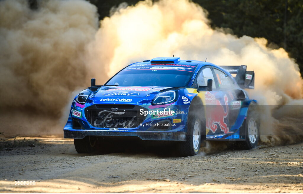 12 May 2023; Ott Tanak and Martin Jarveoja in their Ford Puma Rally 1 during day two of the FIA World Rally Championship Portugal in Porto, Portugal. Photo by Philip Fitzpatrick/Sportsfile