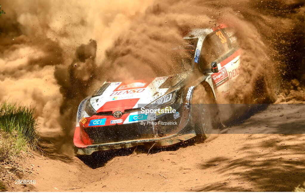12 May 2023; Elfyn Evans and Scott Martin in their Toyota GR Yaris Rally 1 during day two of the FIA World Rally Championship in Porto, Portugal. Photo by Philip Fitzpatrick/Sportsfile