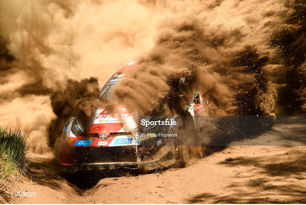 12 May 2023; Elfyn Evans and Scott Martin in their Toyota GR Yaris Rally 1 during day two of the FIA World Rally Championship in Porto, Portugal. Photo by Philip Fitzpatrick/Sportsfile