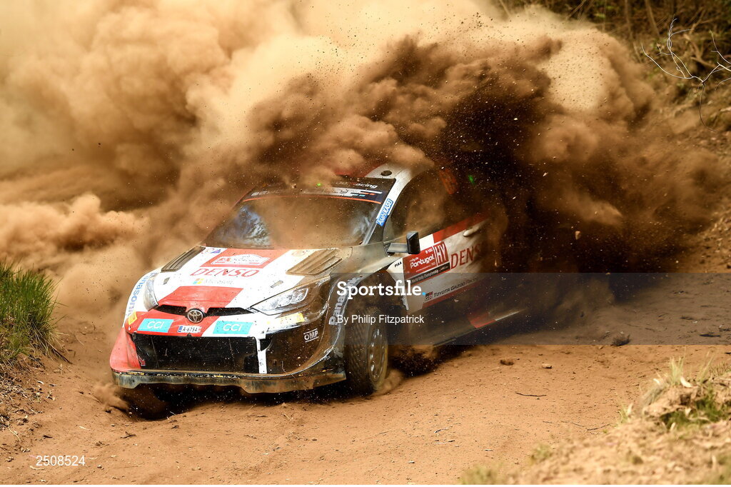 12 May 2023; Kalle Rovanpera and Jonne Halttunen in their Toyota GR Yaris Rally 1 during day two of the FIA World Rally Championship in Porto, Portugal. Photo by Philip Fitzpatrick/Sportsfile