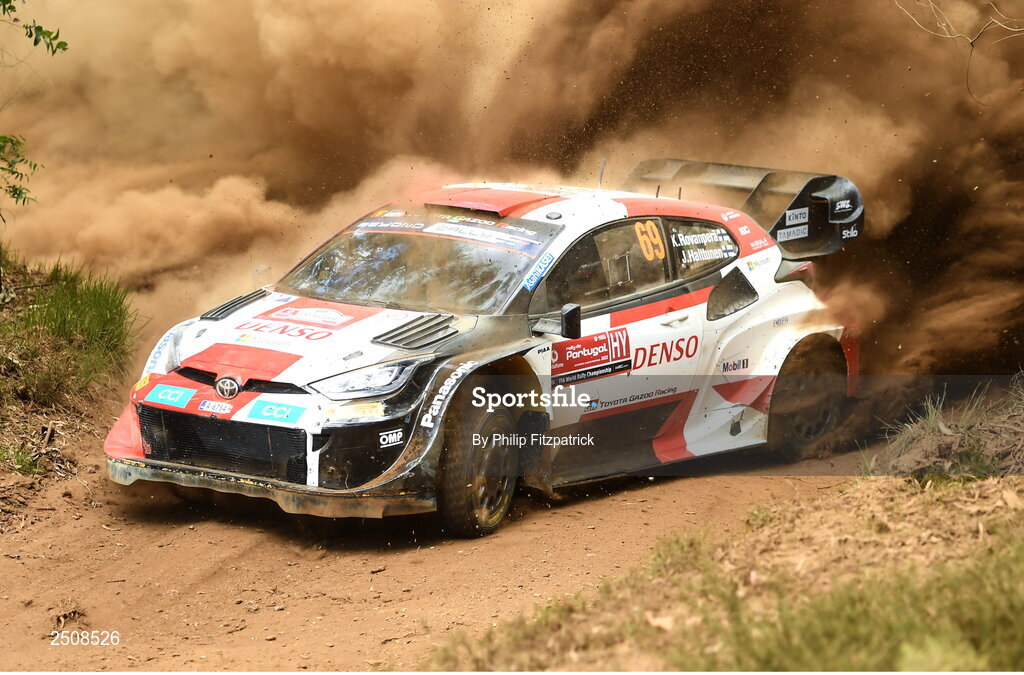 12 May 2023; Kalle Rovanpera and Jonne Halttunen in their Toyota GR Yaris Rally 1 during day two of the FIA World Rally Championship in Porto, Portugal. Photo by Philip Fitzpatrick/Sportsfile