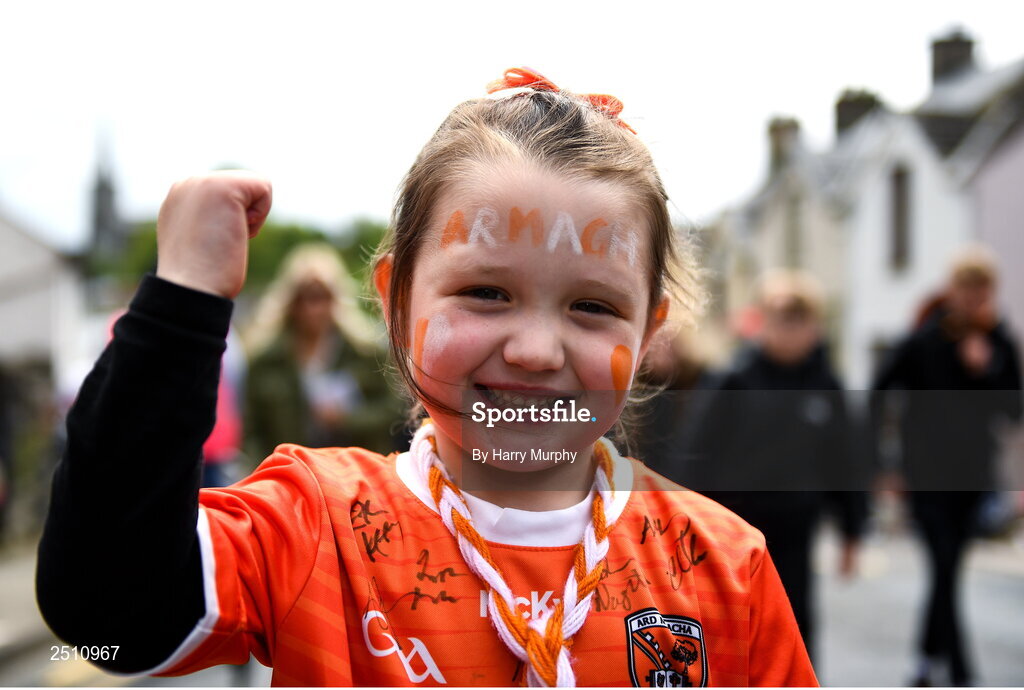 14 May 2023; Armagh supporter Erin Hughes before the Ulster GAA Football Senior Championship Final match between Armagh and Derry at St Tiernach’s Park in Clones, Monaghan. Photo by Harry Murphy/Sportsfile