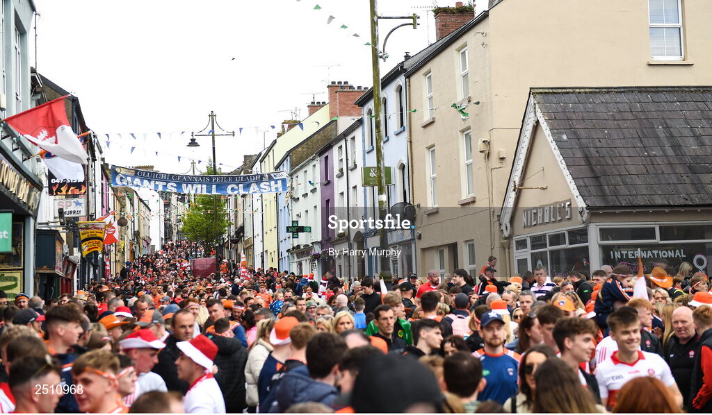 14 May 2023; Supporters walk down Fermanagh road before the Ulster GAA Football Senior Championship Final match between Armagh and Derry at St Tiernach’s Park in Clones, Monaghan. Photo by Harry Murphy/Sportsfile