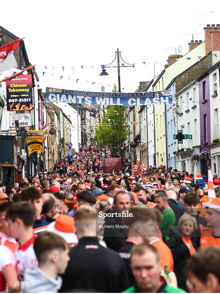 14 May 2023; Supporters walk down Fermanagh road before the Ulster GAA Football Senior Championship Final match between Armagh and Derry at St Tiernach’s Park in Clones, Monaghan. Photo by Harry Murphy/Sportsfile