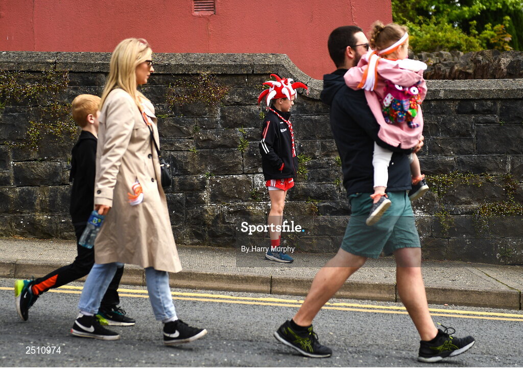 14 May 2023; Supporters make their way to the stadium before the Ulster GAA Football Senior Championship Final match between Armagh and Derry at St Tiernach’s Park in Clones, Monaghan. Photo by Harry Murphy/Sportsfile