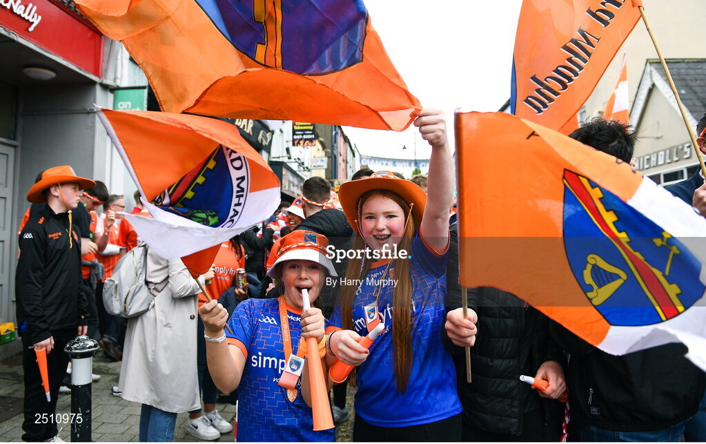 14 May 2023; Armagh supporters, Lilly Mae Mackin and Leah Lennon before the Ulster GAA Football Senior Championship Final match between Armagh and Derry at St Tiernach’s Park in Clones, Monaghan. Photo by Harry Murphy/Sportsfile