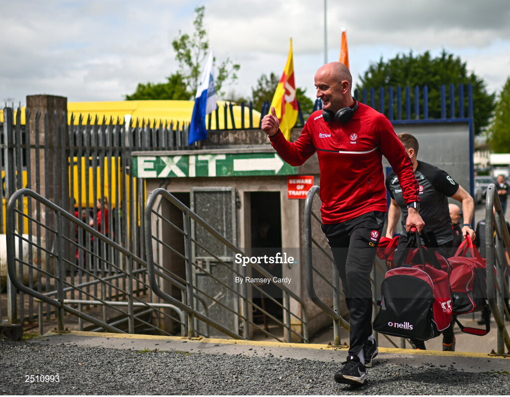 14 May 2023; Derry interim manager Ciaran Meenagh before the Ulster GAA Football Senior Championship Final match between Armagh and Derry at St Tiernach’s Park in Clones, Monaghan. Photo by Ramsey Cardy/Sportsfile