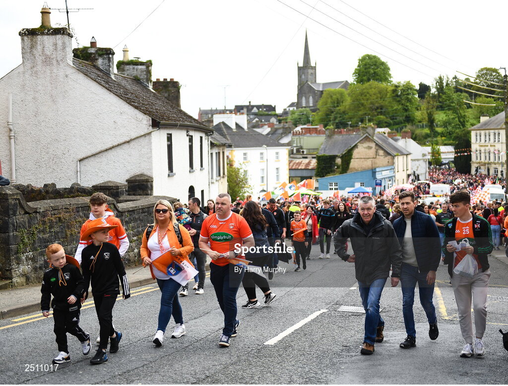 14 May 2023; Supporters make their way to the stadium before the Ulster GAA Football Senior Championship Final match between Armagh and Derry at St Tiernach’s Park in Clones, Monaghan. Photo by Harry Murphy/Sportsfile