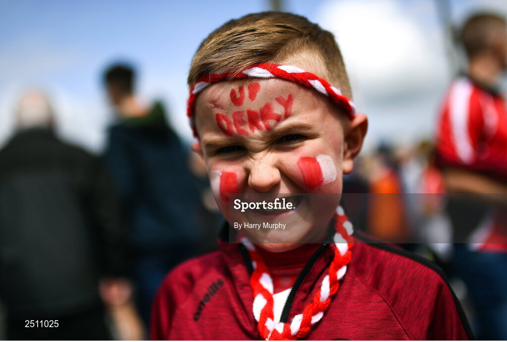 14 May 2023; Derry supporter Michael Cassidy before the Ulster GAA Football Senior Championship Final match between Armagh and Derry at St Tiernach’s Park in Clones, Monaghan. Photo by Harry Murphy/Sportsfile