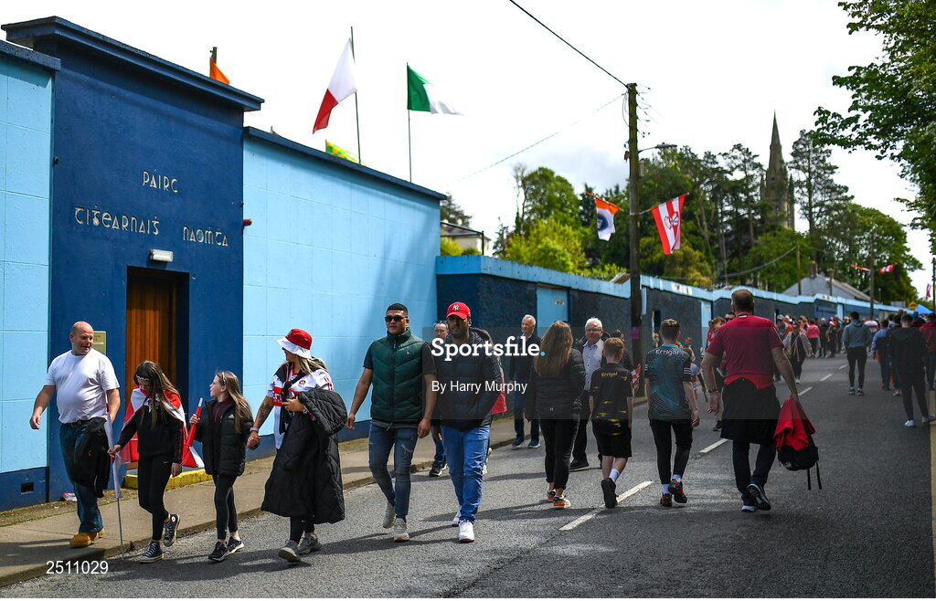 14 May 2023; Supporters make their way to the stadium before the Ulster GAA Football Senior Championship Final match between Armagh and Derry at St Tiernach’s Park in Clones, Monaghan. Photo by Harry Murphy/Sportsfile