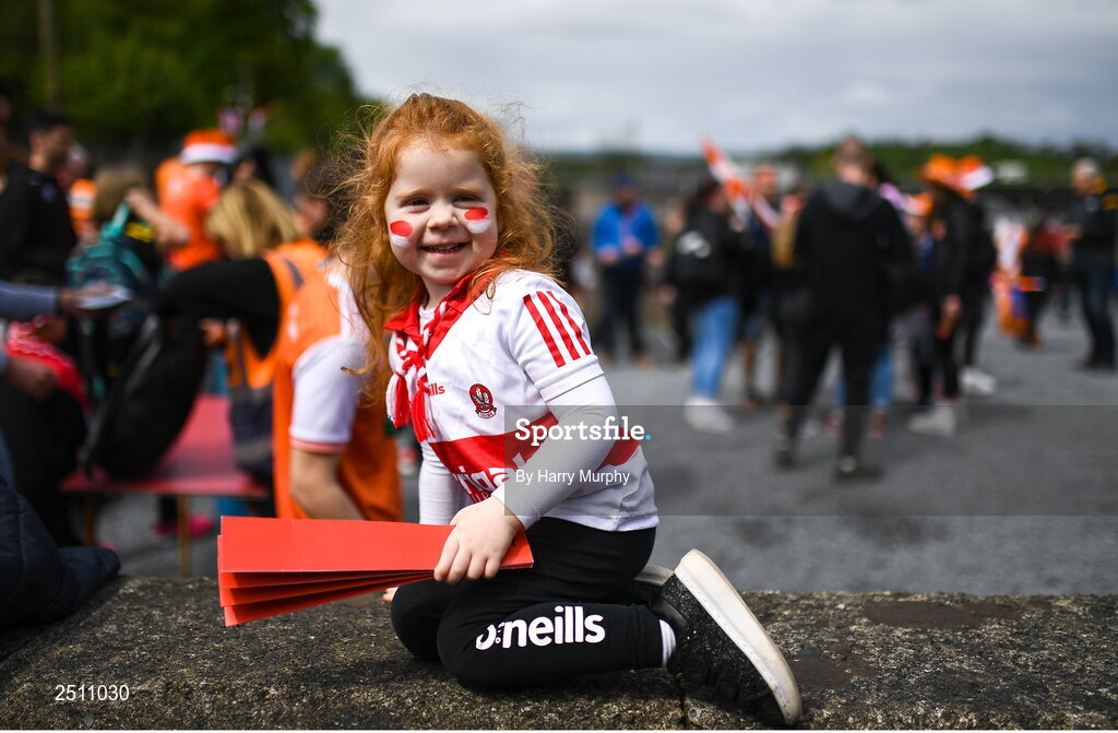 14 May 2023; Derry supporters Grainne Brolly before during the Ulster GAA Football Senior Championship Final match between Armagh and Derry at St Tiernach’s Park in Clones, Monaghan. Photo by Harry Murphy/Sportsfile