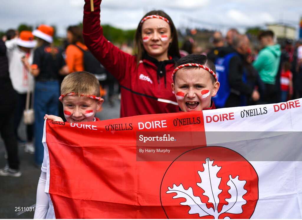 14 May 2023; Derry supporters before the Ulster GAA Football Senior Championship Final match between Armagh and Derry at St Tiernach’s Park in Clones, Monaghan. Photo by Harry Murphy/Sportsfile