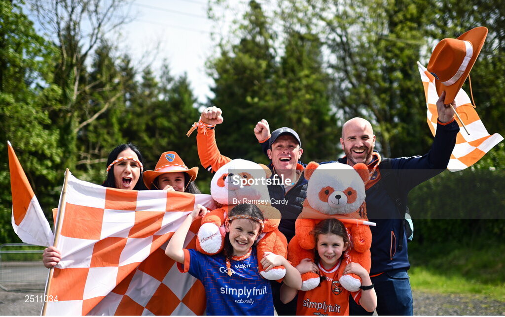 14 May 2023; The Hughes and Cummiskey families, from Keady, Armagh, before the Ulster GAA Football Senior Championship Final match between Armagh and Derry at St Tiernach’s Park in Clones, Monaghan. Photo by Ramsey Cardy/Sportsfile