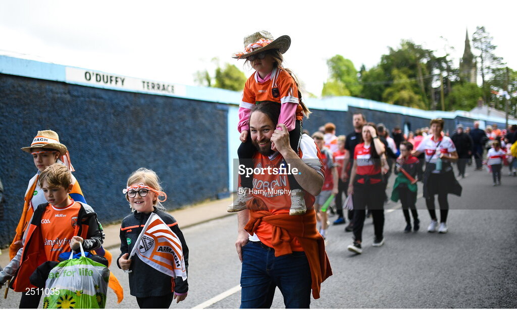 14 May 2023; Armagh supporters make their way to the stadium before the Ulster GAA Football Senior Championship Final match between Armagh and Derry at St Tiernach’s Park in Clones, Monaghan. Photo by Harry Murphy/Sportsfile