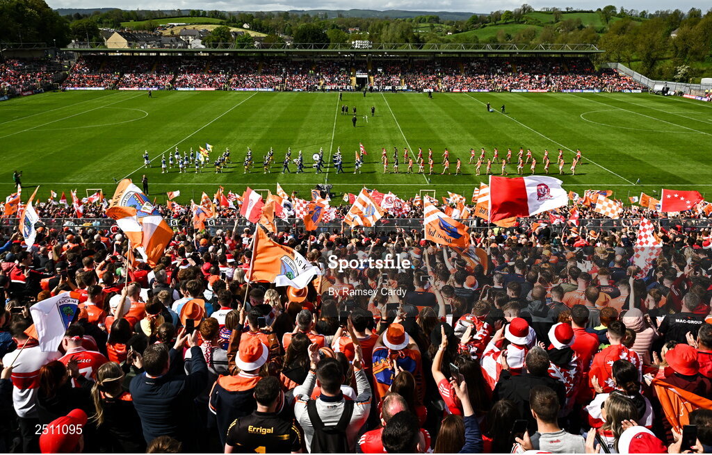 14 May 2023; Both teams parade behind the Mayobridge Band before the Ulster GAA Football Senior Championship Final match between Armagh and Derry at St Tiernach’s Park in Clones, Monaghan. Photo by Ramsey Cardy/Sportsfile