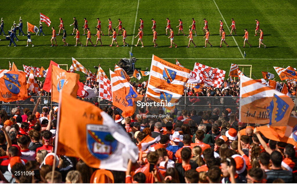 14 May 2023; Both teams parade behind the Mayobridge Band before the Ulster GAA Football Senior Championship Final match between Armagh and Derry at St Tiernach’s Park in Clones, Monaghan. Photo by Ramsey Cardy/Sportsfile