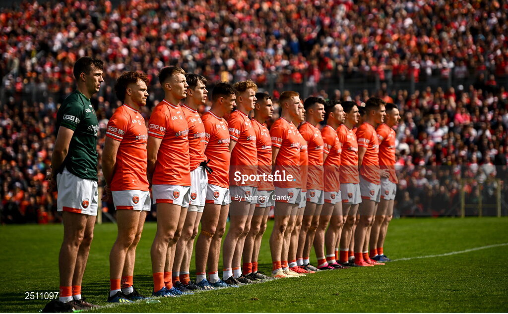 14 May 2023; The Armagh team before the Ulster GAA Football Senior Championship Final match between Armagh and Derry at St Tiernach’s Park in Clones, Monaghan. Photo by Ramsey Cardy/Sportsfile