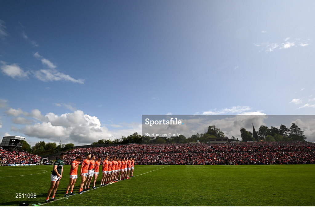 14 May 2023; The Armagh team before the Ulster GAA Football Senior Championship Final match between Armagh and Derry at St Tiernach’s Park in Clones, Monaghan. Photo by Ramsey Cardy/Sportsfile