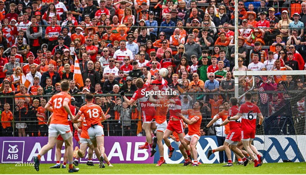 14 May 2023; Brendan Rogers of Derry, 9, scores his side's first goal during the Ulster GAA Football Senior Championship Final match between Armagh and Derry at St Tiernach’s Park in Clones, Monaghan. Photo by Ramsey Cardy/Sportsfile