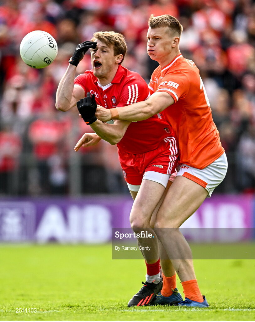 14 May 2023; Brendan Rogers of Derry in action against Rian O'Neill of Armagh during the Ulster GAA Football Senior Championship Final match between Armagh and Derry at St Tiernach’s Park in Clones, Monaghan. Photo by Ramsey Cardy/Sportsfile