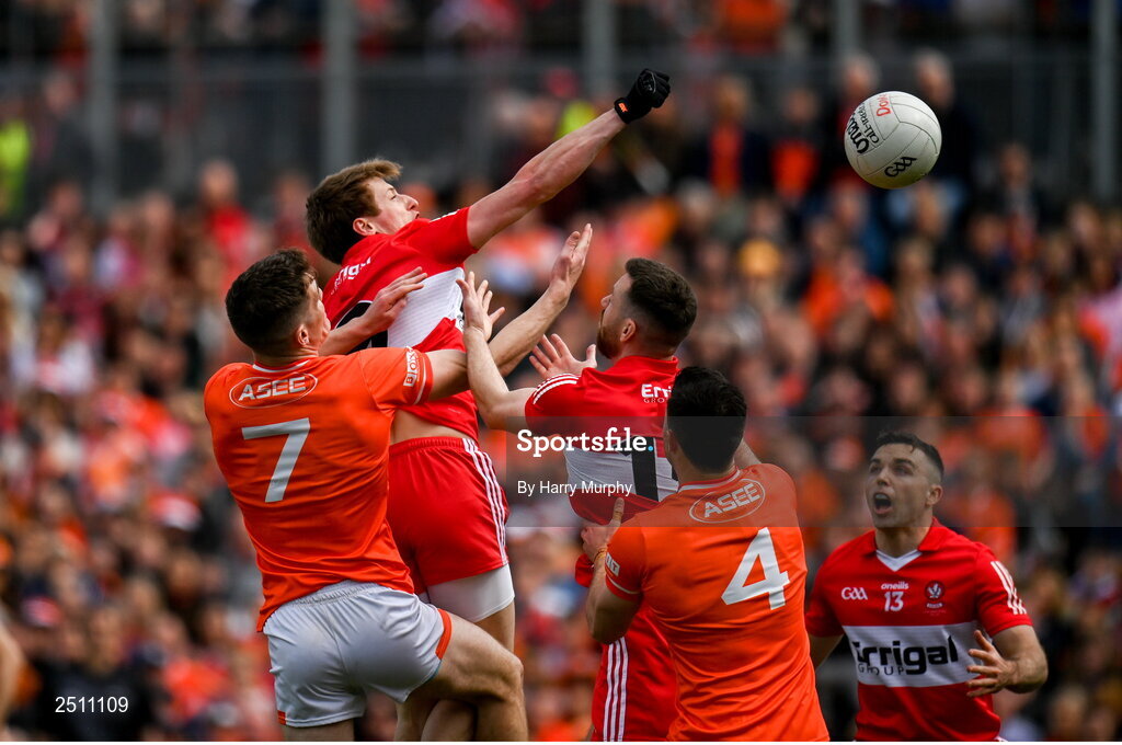 14 May 2023; Brendan Rogers of Derry punches to score his side's first goal during the Ulster GAA Football Senior Championship Final match between Armagh and Derry at St Tiernach’s Park in Clones, Monaghan. Photo by Harry Murphy/Sportsfile