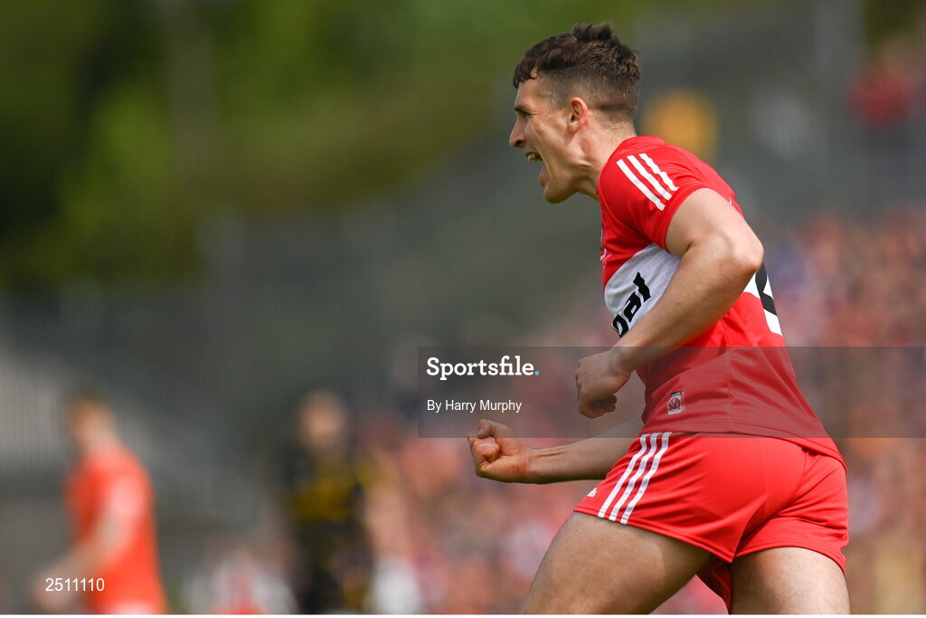 14 May 2023; Shane McGuigan of Derry celebrates scoring the opening point of the match during the Ulster GAA Football Senior Championship Final match between Armagh and Derry at St Tiernach’s Park in Clones, Monaghan. Photo by Harry Murphy/Sportsfile