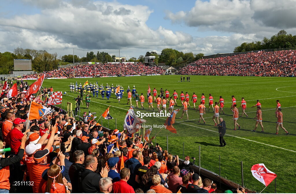 14 May 2023; Armagh and Derry players parade before the Ulster GAA Football Senior Championship Final match between Armagh and Derry at St Tiernach’s Park in Clones, Monaghan. Photo by Harry Murphy/Sportsfile