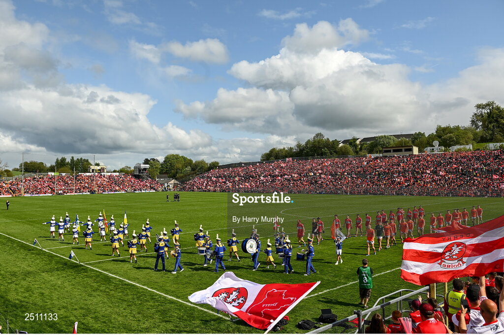 14 May 2023; Armagh and Derry players parade before the Ulster GAA Football Senior Championship Final match between Armagh and Derry at St Tiernach’s Park in Clones, Monaghan. Photo by Harry Murphy/Sportsfile