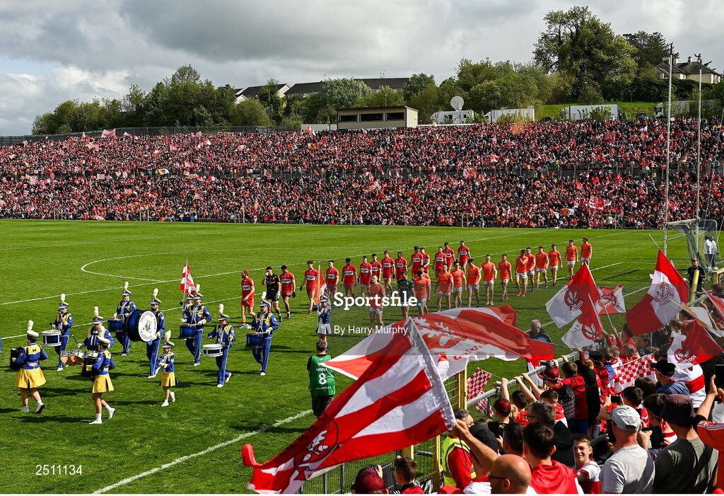 14 May 2023; Armagh and Derry players parade before the Ulster GAA Football Senior Championship Final match between Armagh and Derry at St Tiernach’s Park in Clones, Monaghan. Photo by Harry Murphy/Sportsfile