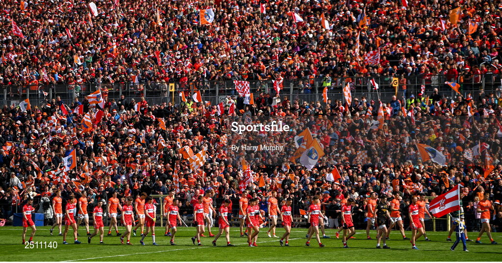 14 May 2023; Armagh and Derry players parade before the Ulster GAA Football Senior Championship Final match between Armagh and Derry at St Tiernach’s Park in Clones, Monaghan. Photo by Harry Murphy/Sportsfile