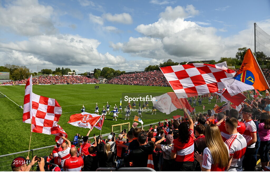 14 May 2023; Armagh and Derry players parade before the Ulster GAA Football Senior Championship Final match between Armagh and Derry at St Tiernach’s Park in Clones, Monaghan. Photo by Harry Murphy/Sportsfile