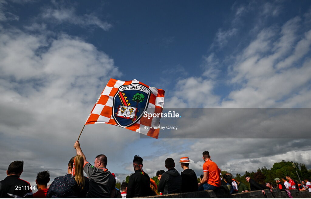 14 May 2023; Armagh supporters in the terrace during the Ulster GAA Football Senior Championship Final match between Armagh and Derry at St Tiernach’s Park in Clones, Monaghan. Photo by Ramsey Cardy/Sportsfile