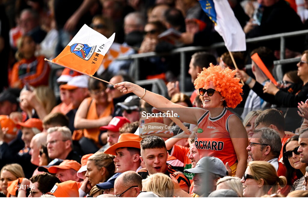 14 May 2023; Armagh supporters celebrate a score during the Ulster GAA Football Senior Championship Final match between Armagh and Derry at St Tiernach’s Park in Clones, Monaghan. Photo by Ramsey Cardy/Sportsfile