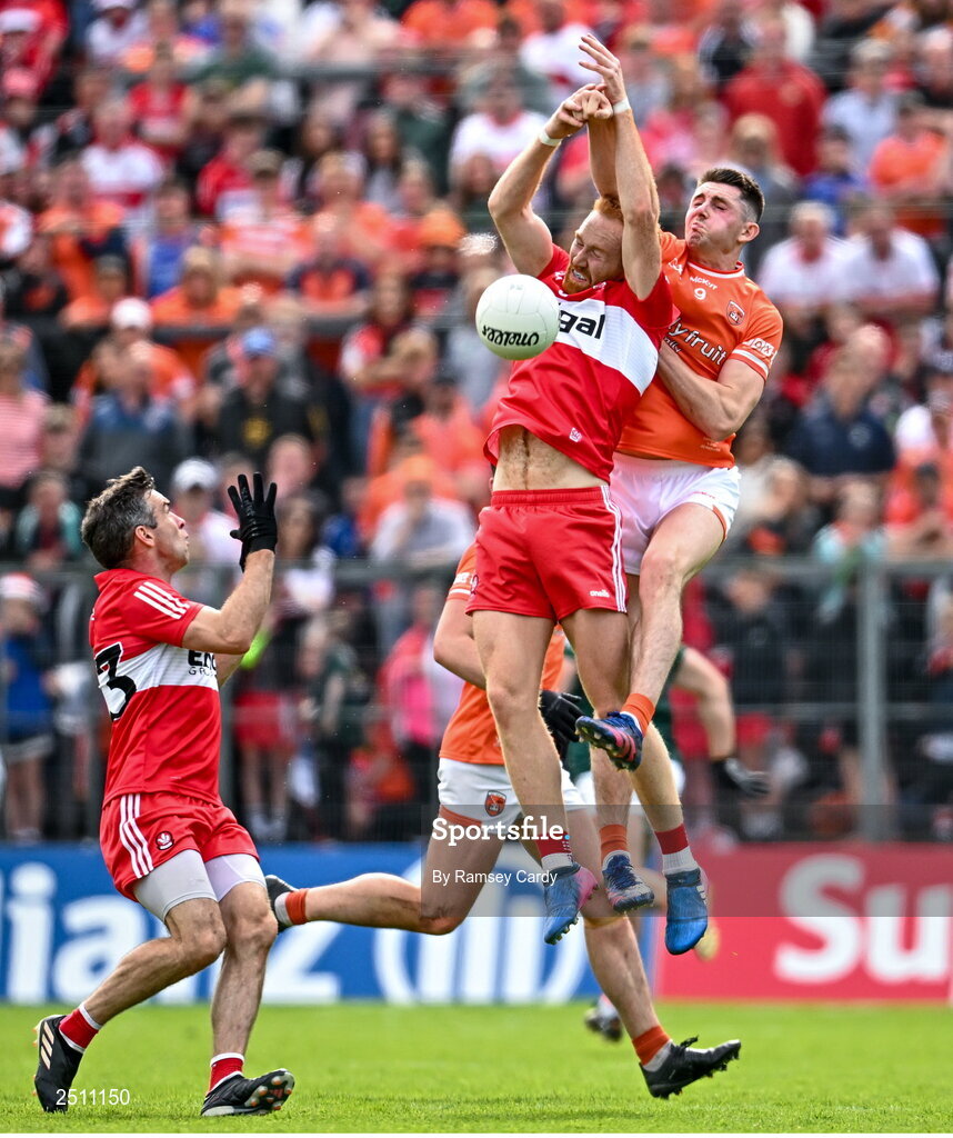 14 May 2023; Conor Glass of Derry in action against Shane McPartlan of Armagh during the Ulster GAA Football Senior Championship Final match between Armagh and Derry at St Tiernach’s Park in Clones, Monaghan. Photo by Ramsey Cardy/Sportsfile