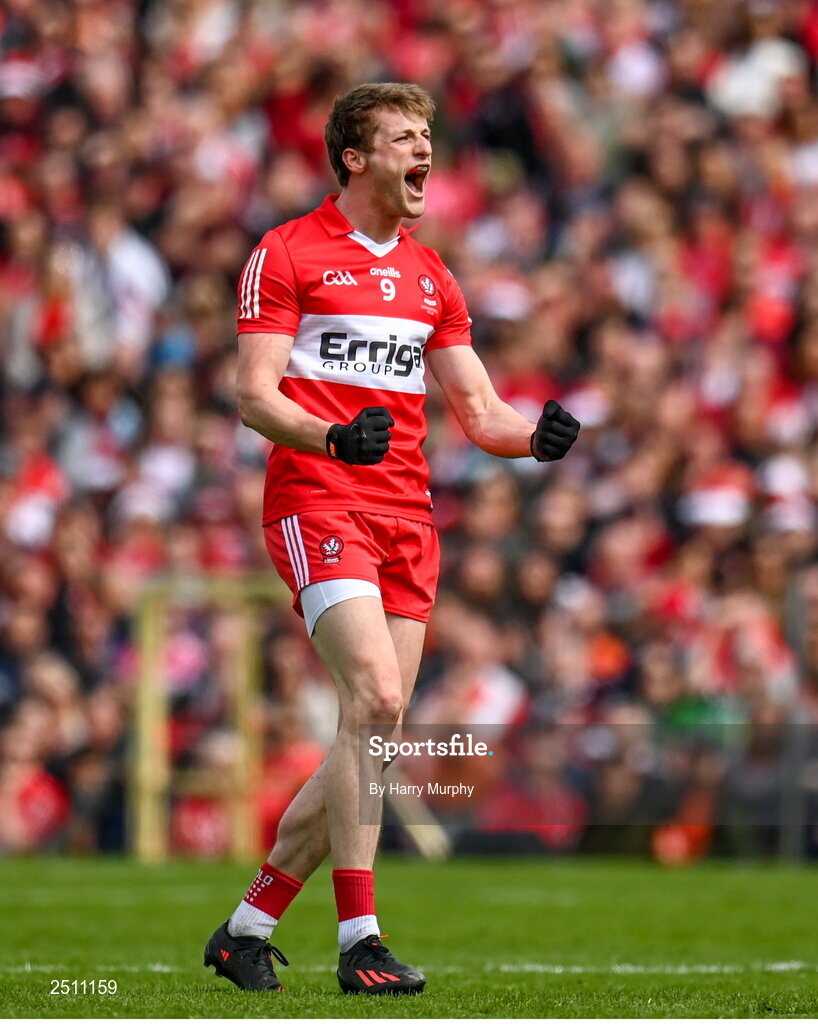 14 May 2023; Brendan Rogers of Derry celebrates scoring a point during the Ulster GAA Football Senior Championship Final match between Armagh and Derry at St Tiernach’s Park in Clones, Monaghan. Photo by Harry Murphy/Sportsfile