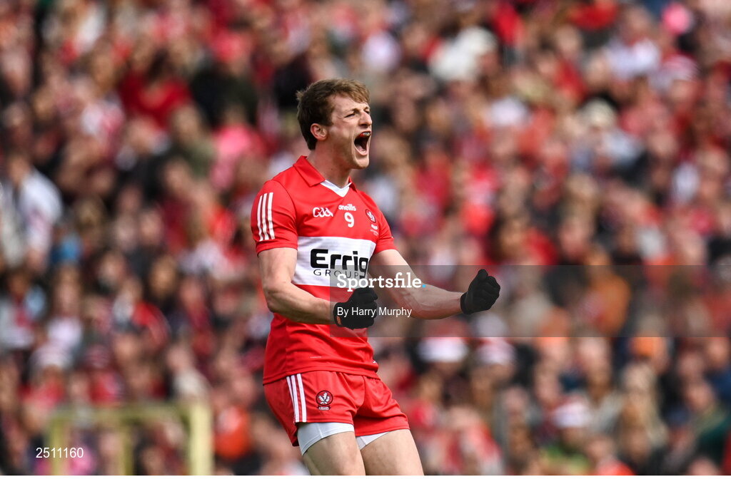 14 May 2023; Brendan Rogers of Derry celebrates scoring a point during the Ulster GAA Football Senior Championship Final match between Armagh and Derry at St Tiernach’s Park in Clones, Monaghan. Photo by Harry Murphy/Sportsfile