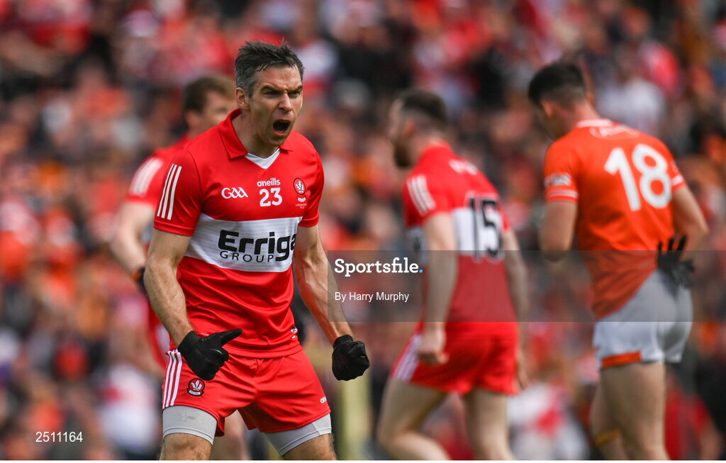 14 May 2023; Benny Heron of Derry celebrates his side's first goal during the Ulster GAA Football Senior Championship Final match between Armagh and Derry at St Tiernach’s Park in Clones, Monaghan. Photo by Harry Murphy/Sportsfile