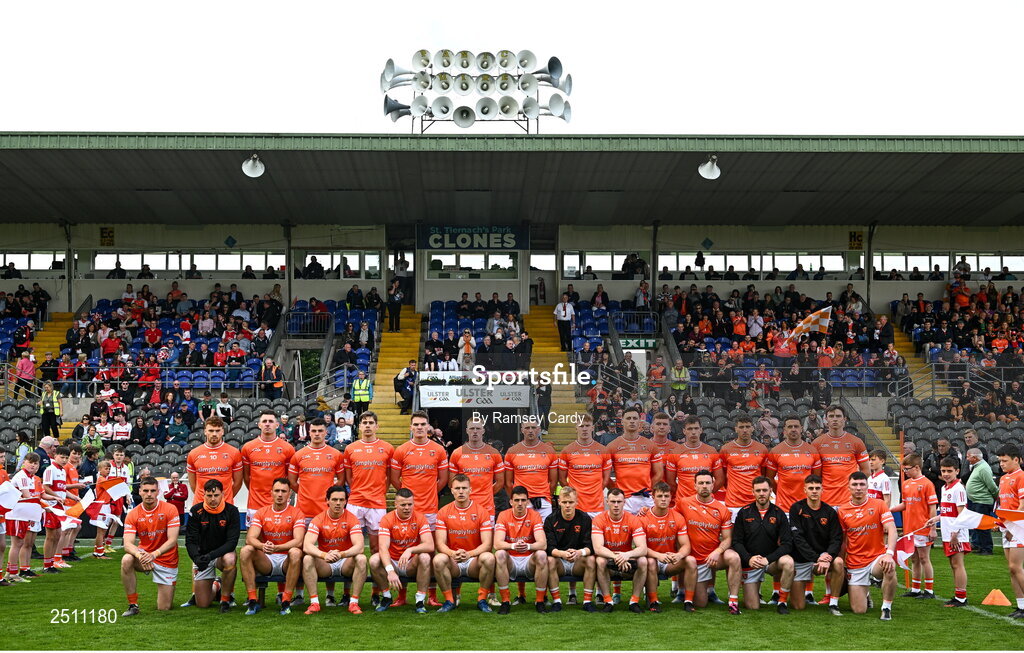 14 May 2023; The Armagh team before the Ulster GAA Football Senior Championship Final match between Armagh and Derry at St Tiernach’s Park in Clones, Monaghan. Photo by Ramsey Cardy/Sportsfile