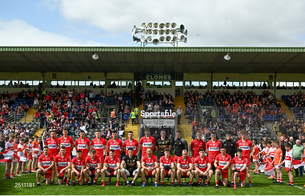 14 May 2023; The Derry team before the Ulster GAA Football Senior Championship Final match between Armagh and Derry at St Tiernach’s Park in Clones, Monaghan. Photo by Ramsey Cardy/Sportsfile