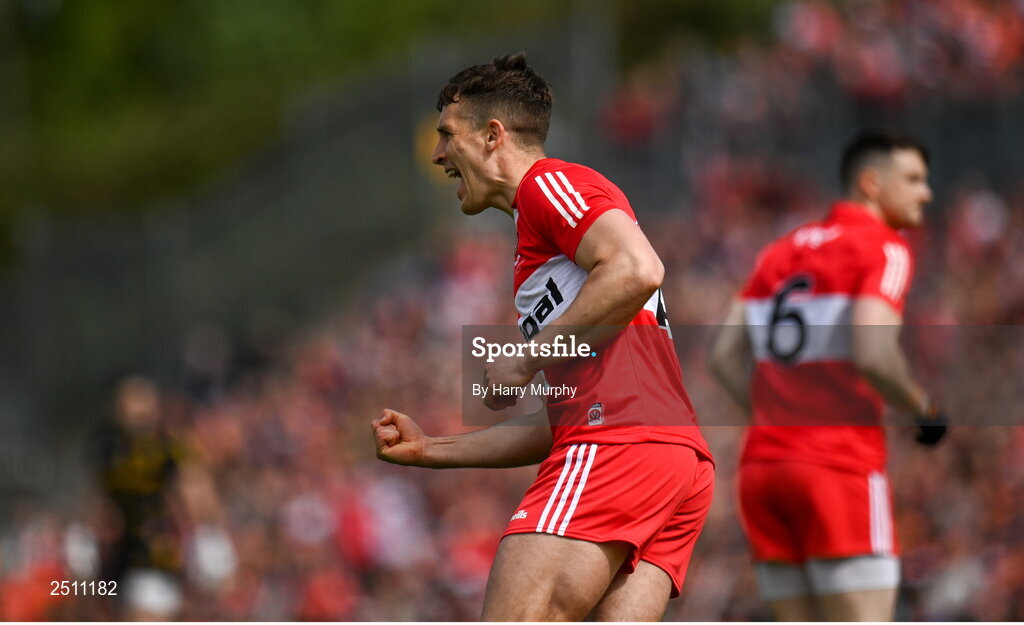 14 May 2023; Shane McGuigan of Derry celebrates scoring the opening point of the match during the Ulster GAA Football Senior Championship Final match between Armagh and Derry at St Tiernach’s Park in Clones, Monaghan. Photo by Harry Murphy/Sportsfile