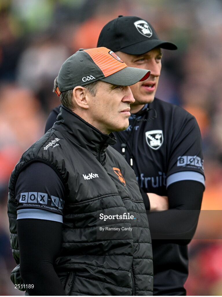 14 May 2023; Armagh manager Kieran McGeeney, left, and Armagh coach Kieran Donaghy during the Ulster GAA Football Senior Championship Final match between Armagh and Derry at St Tiernach’s Park in Clones, Monaghan. Photo by Ramsey Cardy/Sportsfile