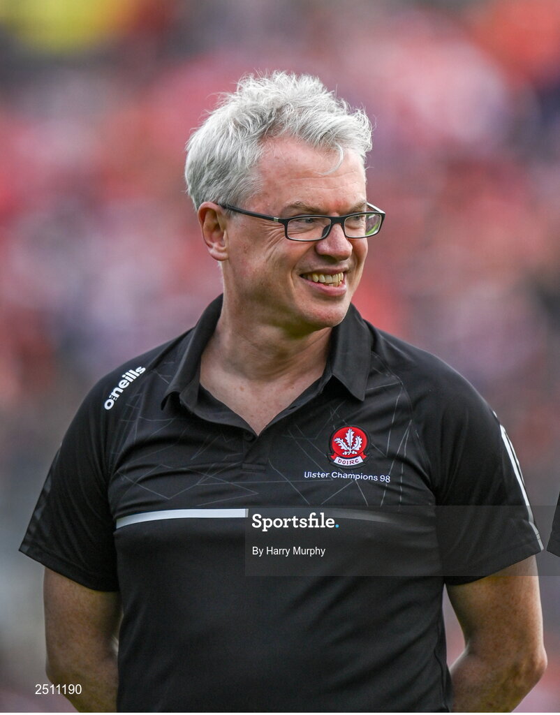 14 May 2023; Joe Brolly of the Derry 1998 Ulster Champions side during the Ulster GAA Football Senior Championship Final match between Armagh and Derry at St Tiernach’s Park in Clones, Monaghan. Photo by Harry Murphy/Sportsfile