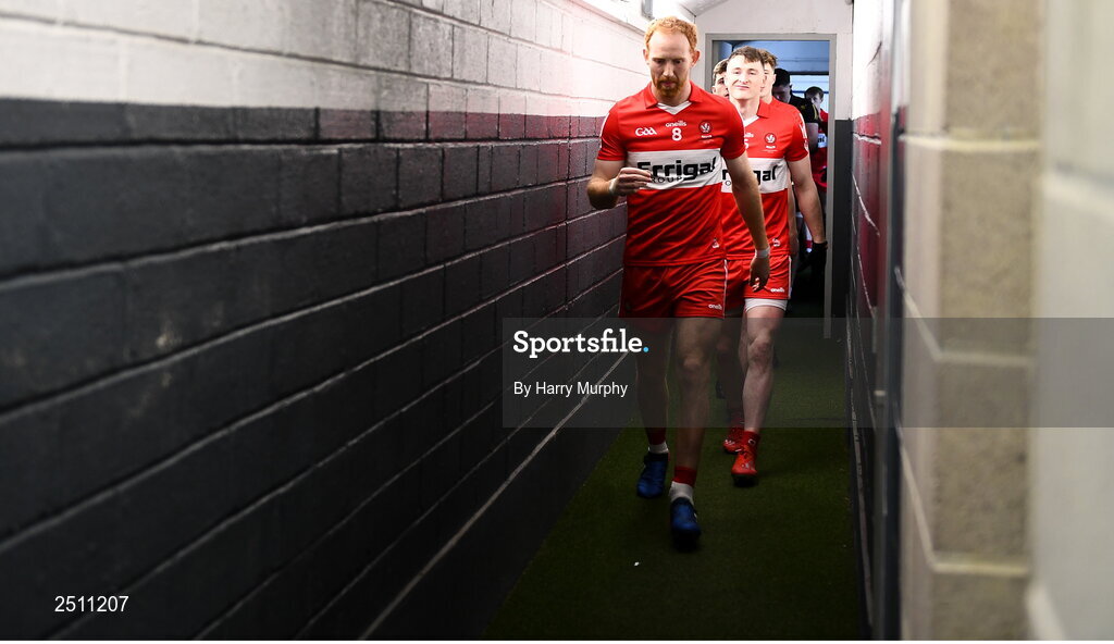 14 May 2023; Derry captain Conor Glass leads out his team before the Ulster GAA Football Senior Championship Final match between Armagh and Derry at St Tiernach’s Park in Clones, Monaghan. Photo by Harry Murphy/Sportsfile