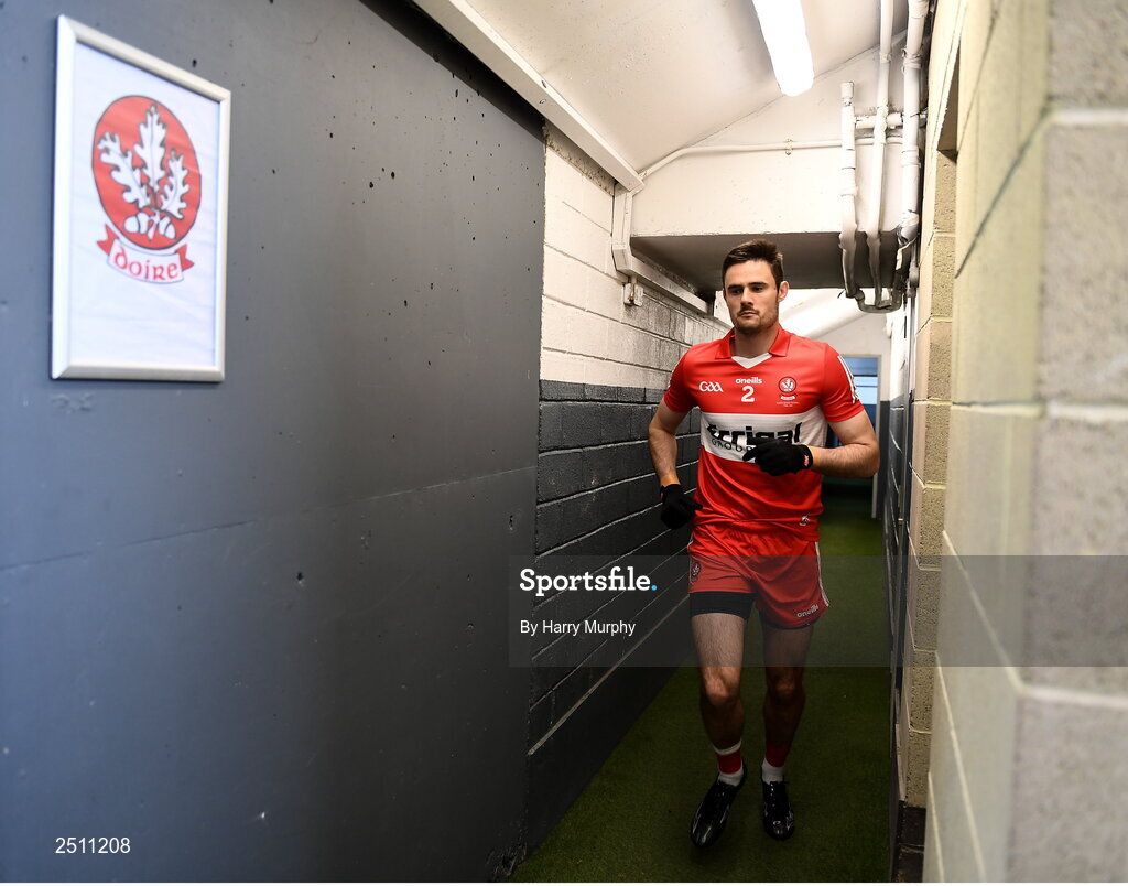 14 May 2023; Christopher McKaigue of Derry runs out before the Ulster GAA Football Senior Championship Final match between Armagh and Derry at St Tiernach’s Park in Clones, Monaghan. Photo by Harry Murphy/Sportsfile