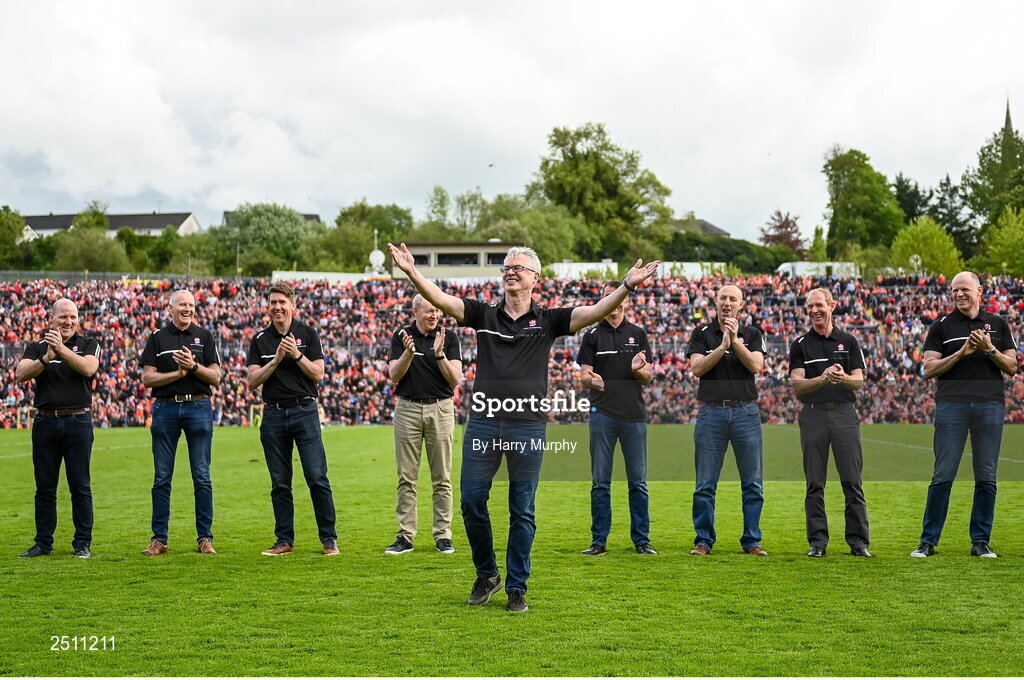 14 May 2023; Joe Brolly of the Derry 1998 Ulster Champions side during the Ulster GAA Football Senior Championship Final match between Armagh and Derry at St Tiernach’s Park in Clones, Monaghan. Photo by Harry Murphy/Sportsfile