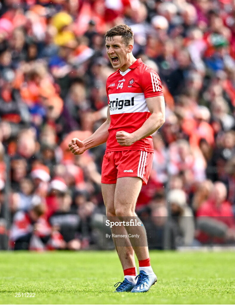 14 May 2023; Shane McGuigan of Derry celebrates kicking a point during the Ulster GAA Football Senior Championship Final match between Armagh and Derry at St Tiernach’s Park in Clones, Monaghan. Photo by Ramsey Cardy/Sportsfile