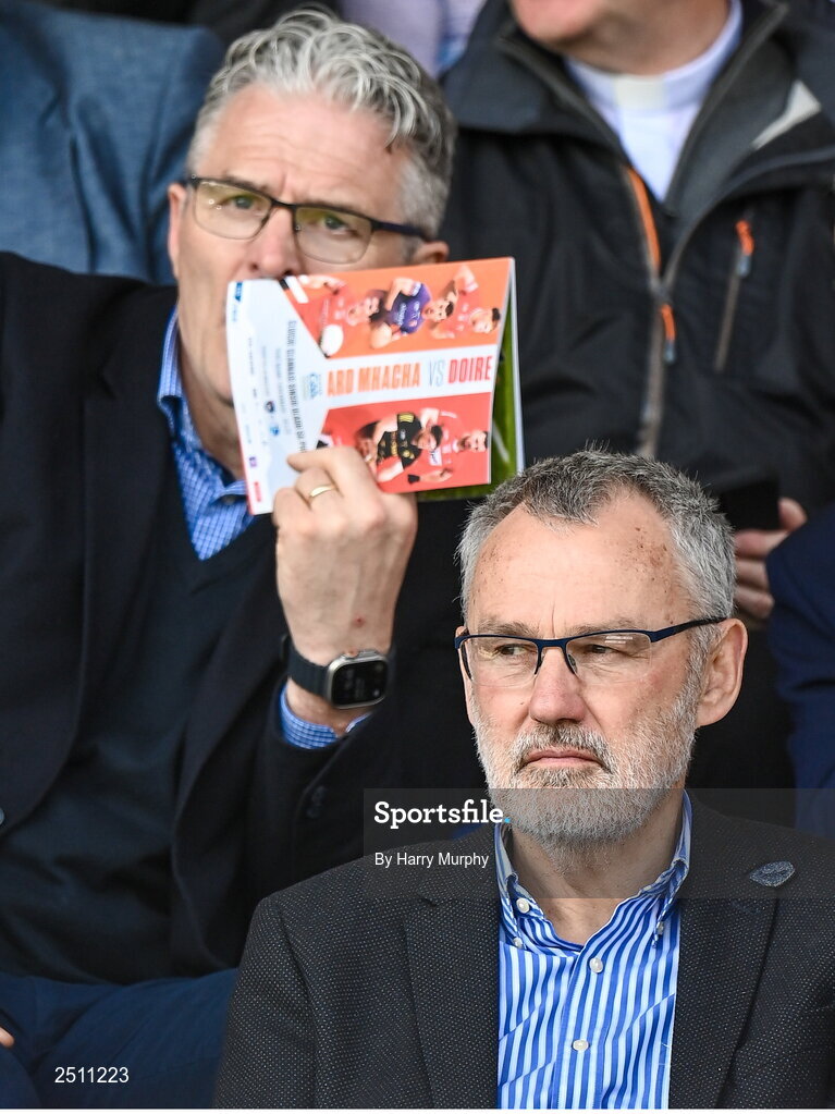 14 May 2023; Uachtarán Chumann Lúthchleas Gael Larry McCarthy and Uachtarán Tofa Chumann Lúthchleas Gael Jarlath Burns at the Ulster GAA Football Senior Championship Final match between Armagh and Derry at St Tiernach’s Park in Clones, Monaghan. Photo by Harry Murphy/Sportsfile