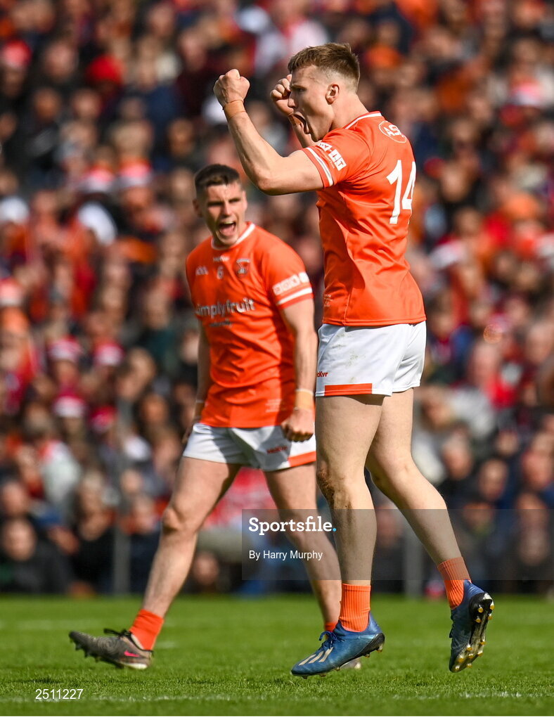 14 May 2023; Rian O'Neill of Armagh celebrates a point during the Ulster GAA Football Senior Championship Final match between Armagh and Derry at St Tiernach’s Park in Clones, Monaghan. Photo by Harry Murphy/Sportsfile