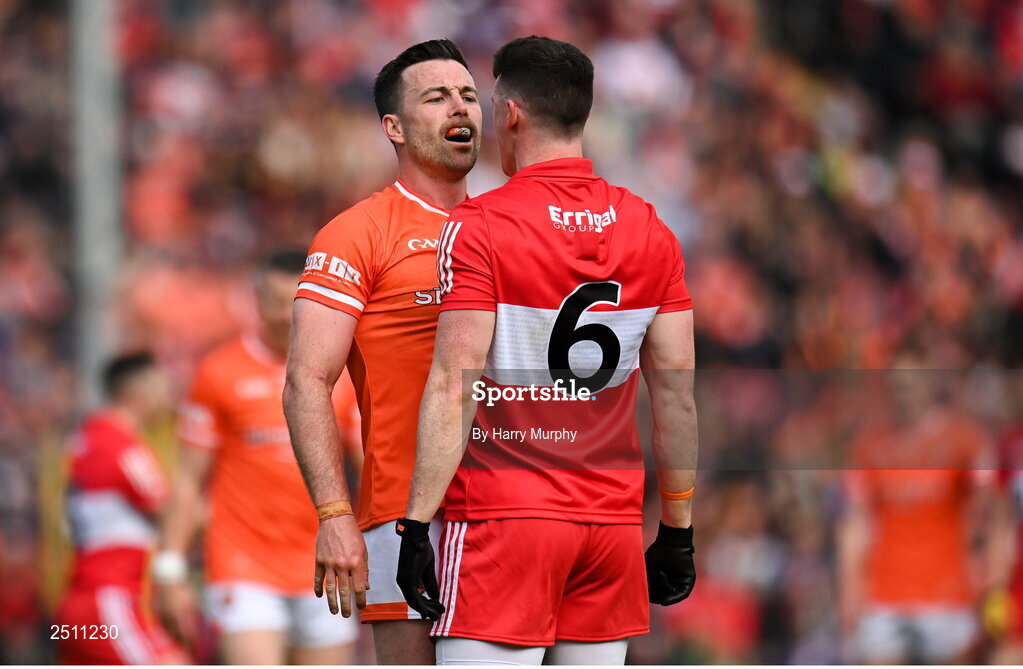 14 May 2023; Aidan Forker of Armagh and Gareth McKinless of Derry tussle during the Ulster GAA Football Senior Championship Final match between Armagh and Derry at St Tiernach’s Park in Clones, Monaghan. Photo by Harry Murphy/Sportsfile