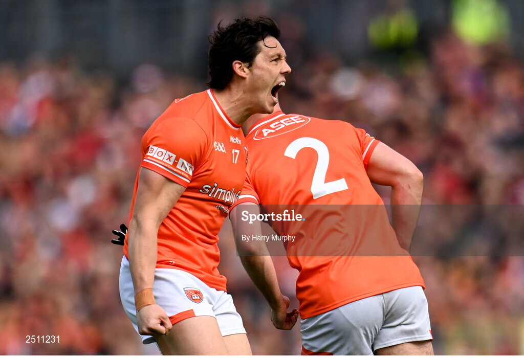 14 May 2023; James Morgan of Armagh celebrates a point during the Ulster GAA Football Senior Championship Final match between Armagh and Derry at St Tiernach’s Park in Clones, Monaghan. Photo by Harry Murphy/Sportsfile